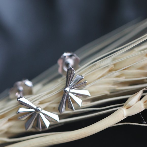 14K Solid White Gold Sunstar Earrings - "Morning Light" - Picture 4 of 10